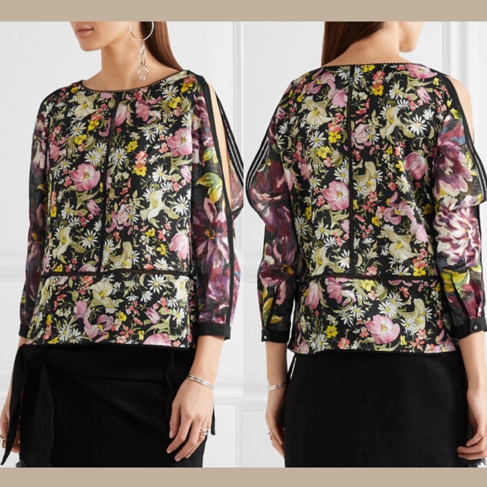 NEW $495 3.1‎ Phillip Lim Floral Cold-Shoulder Blouse Black [SZ 4 ]
